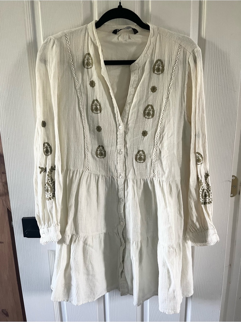 Zara Cream Embroidered Boho Tunic Dress – Size Small